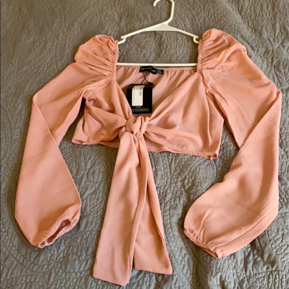 Pink Longsleeve Tie Crop Top